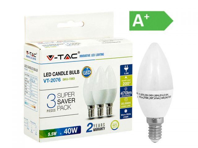 LED-POLTTIMO 5,5W E14 2700K 470LM CANDLE 3-PACK